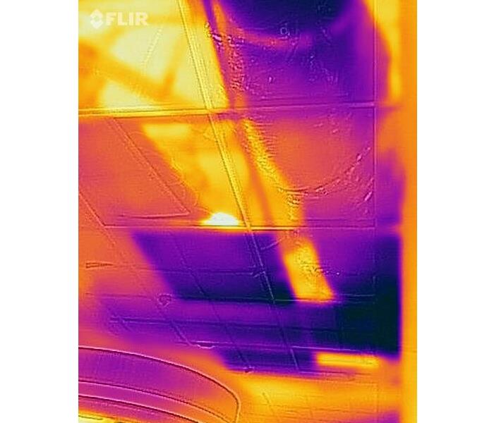infrared camera shows yellow and orange for dry areas and dark purple in ceiling for wet areas